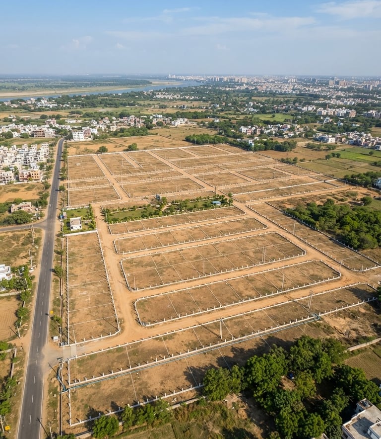 Overhead drone photography of a neatly plotted residential land development in Patna, clear boundary markers, bright natural daylight, warm earth tones