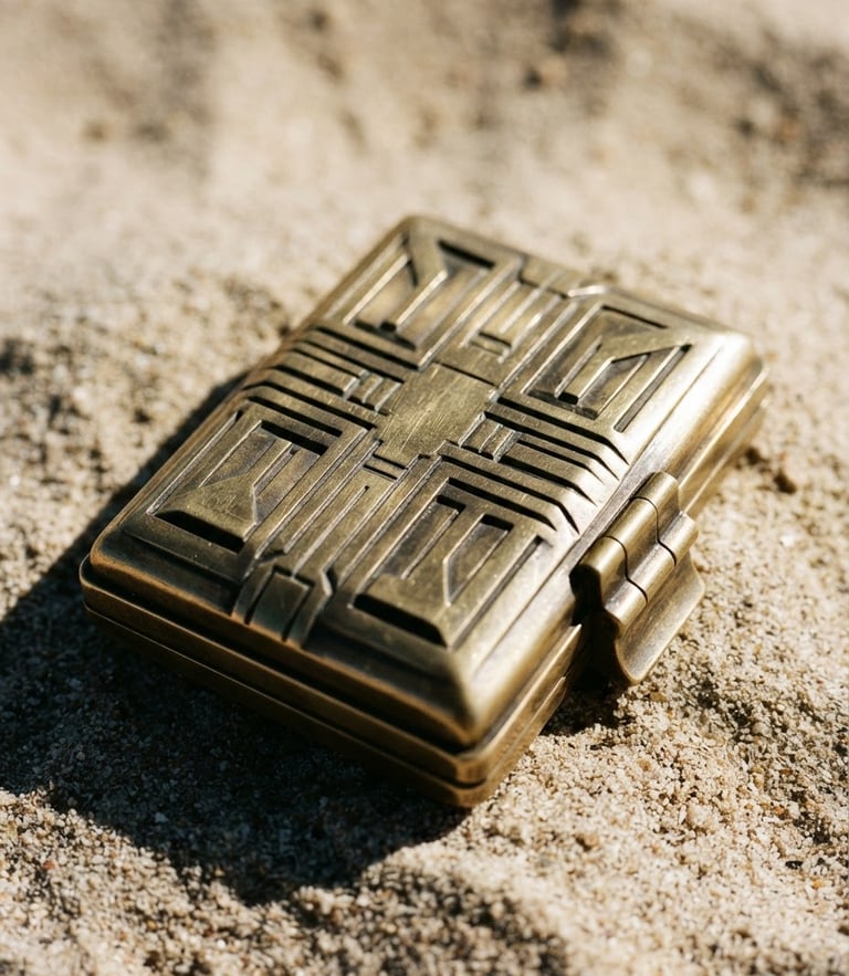 Macro photograph of a heavy architectural brass cosmetic case catching sharp direct sunlight, deep geometric shadows, desaturated sand background