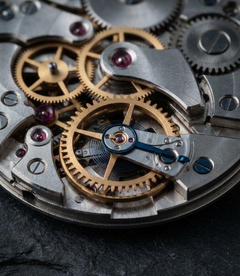 Studio shot of mechanical watch gears and brass escapement wheel on a dark slate surface, sharp focus, cool neutral lighting, macro photography.