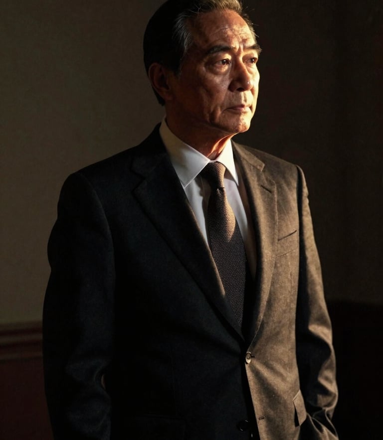 Cinematic low-key portrait of a distinguished advisor in a bespoke dark suit, dramatic side lighting, deep shadows, golden-hour rim highlights, 35mm film.