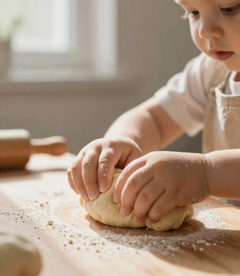 Low-angle child's eye view of toddler hands gently kneading soft dough on a low wooden table, warm morning light streaming through a window, soft focus.