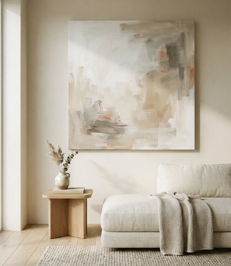 Elegant minimalist living room with a large abstract canvas painting hanging on a warm bone-colored wall, soft side window light casting gentle shadows, rich fabric textures, 35mm lens