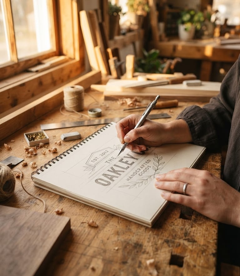 Close-up of hands sketching a custom wood sign layout on a sunlit workbench, warm golden-hour window light, Work Sans typography on paper, shallow depth of field