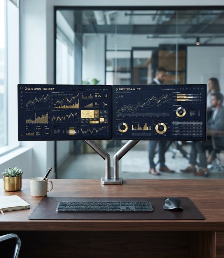 A clean, modern double-monitor setup displaying complex financial projections and dashboards under cool natural office light, editorial 50mm composition.