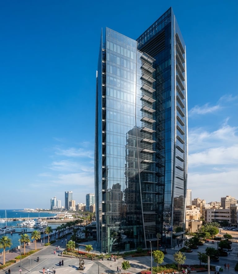 Wide-angle editorial corporate photograph of a modern glass high-rise in Jeddah, bright natural Saudi sunlight casting sharp architectural shadows, deep navy reflections.