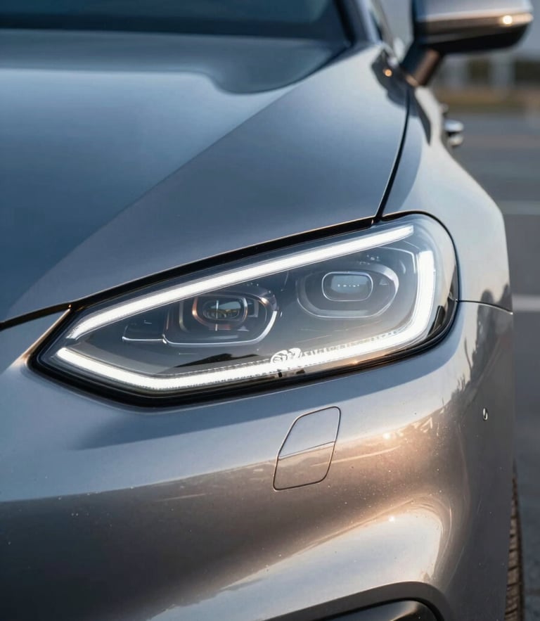 Close-up of a sleek modern car headlight, cool daylight, sharp metallic reflections, deep blue and silver tones, 50mm lens