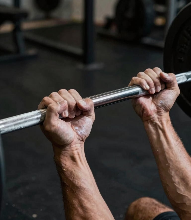 Tight macro shot of an athlete's chalked hands gripping a steel barbell, dramatic high-contrast directional studio lighting, deep shadows, premium training space.