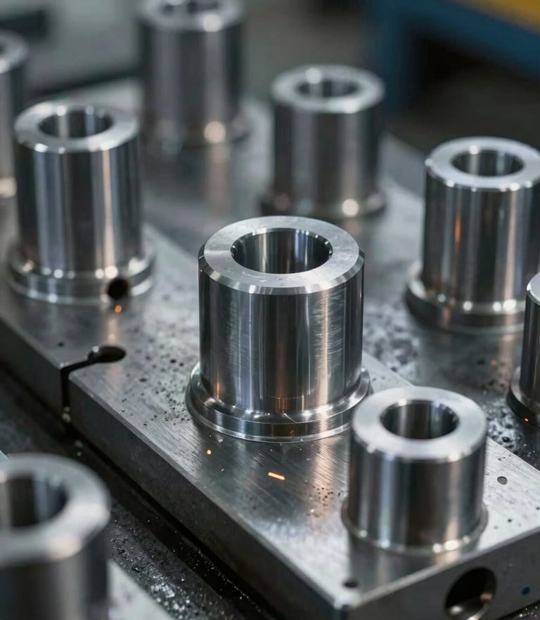 Industrial workshop photography, close-up of clean CNC-milled steel parts with cold steel tones and sharp focus, 35mm