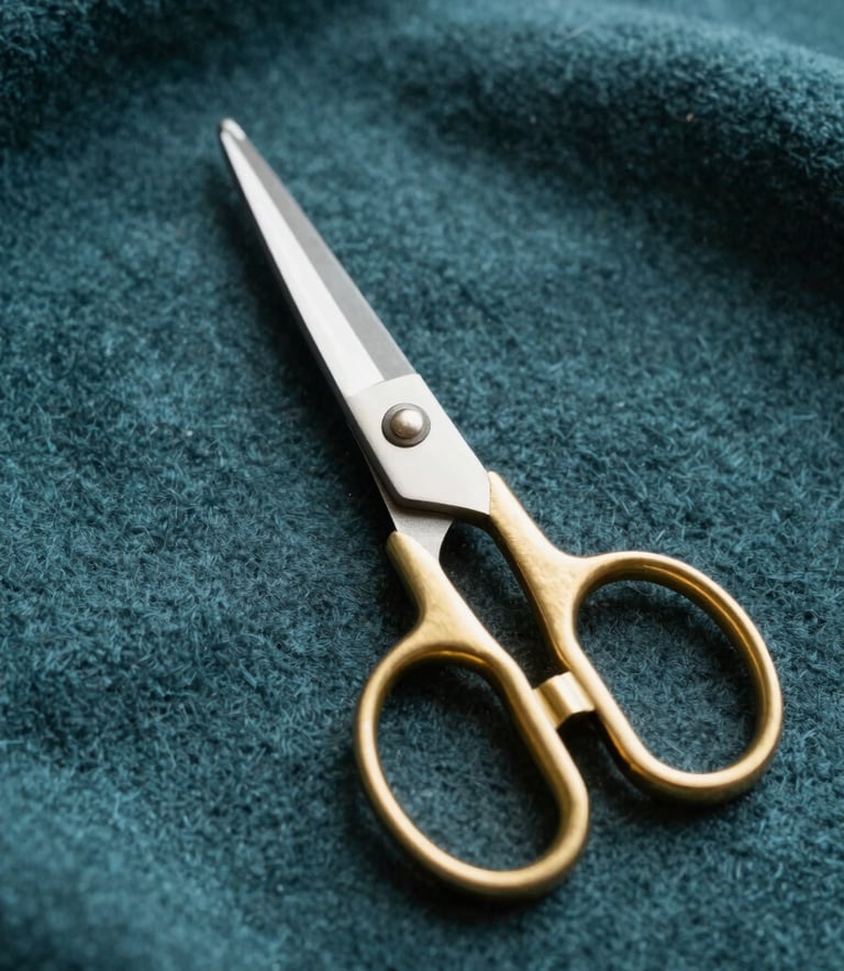Macro shot of professional brass tailor shears resting on heavy deep teal wool fabric, soft natural side daylight, dust particles in air, 35mm editorial photography