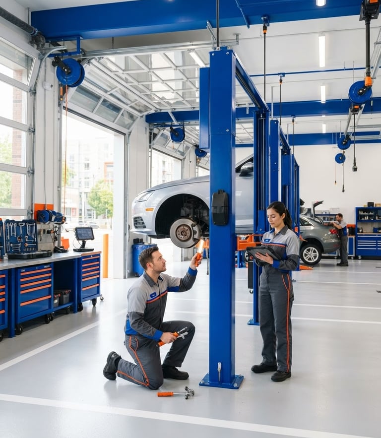 A clean, bright modern drive-through service bay with royal blue accents, high-key daylight, professional automotive setting