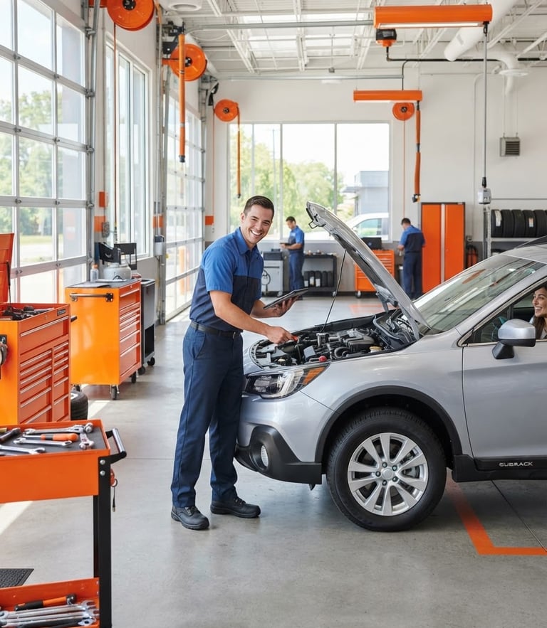 Bright, high-key commercial photo of a clean, modern drive-through service bay with a smiling technician in a blue uniform, natural daylight, vibrant orange accents