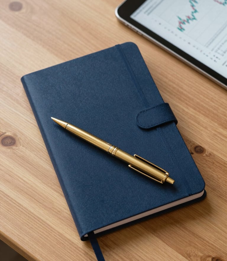 Overhead flatlay of a clean wooden desk with a premium notebook, gold pen, and a tablet displaying financial charts, soft morning light, editorial style