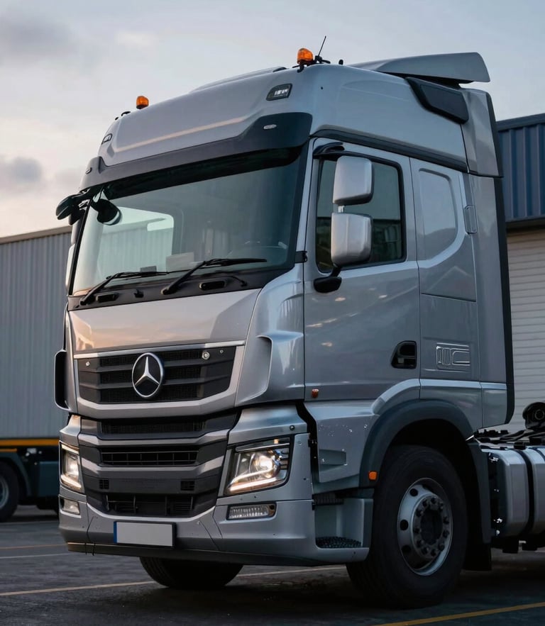 Low-angle shot of a clean modern HGV cab parked in an early-morning overcast UK logistics depot, sharp metallic details, cool twilight lighting.