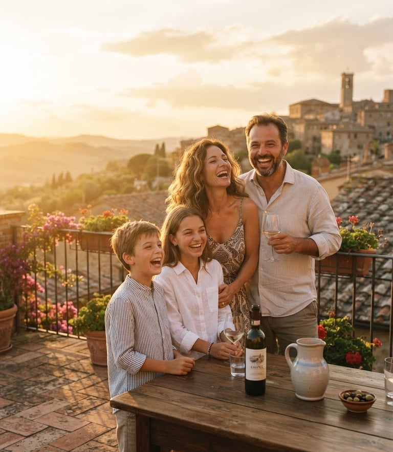Candid medium shot of a family laughing on a sun-drenched terracotta terrace in Italy, warm golden-hour backlighting, soft natural sun flare, 35mm film style.