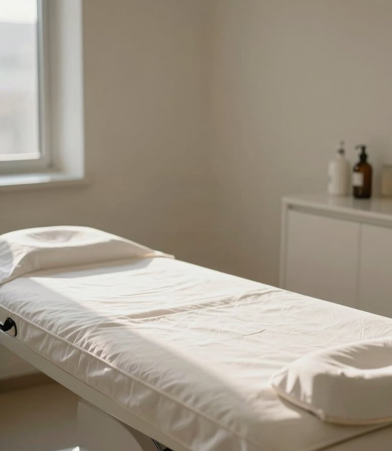 Close-up of a hyper-clean, serene medical aesthetics treatment room, warm natural daylight streaming onto an elegant treatment table, soft alabaster walls, minimalist styling