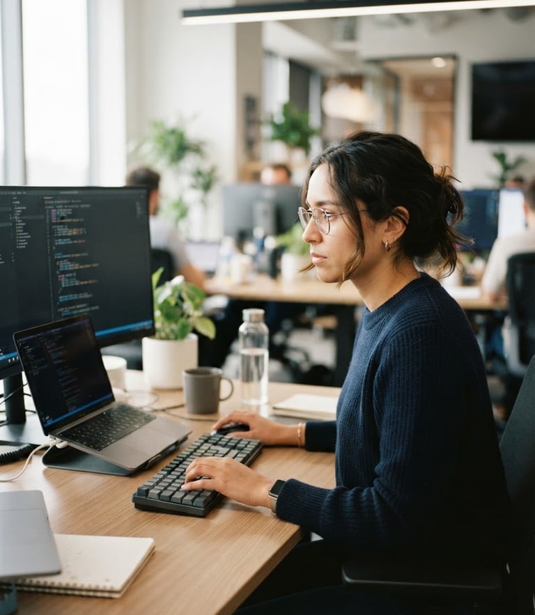 Professional portrait of a focused software engineer in a bright, modern office, natural daylight, soft shadows, 35mm lens