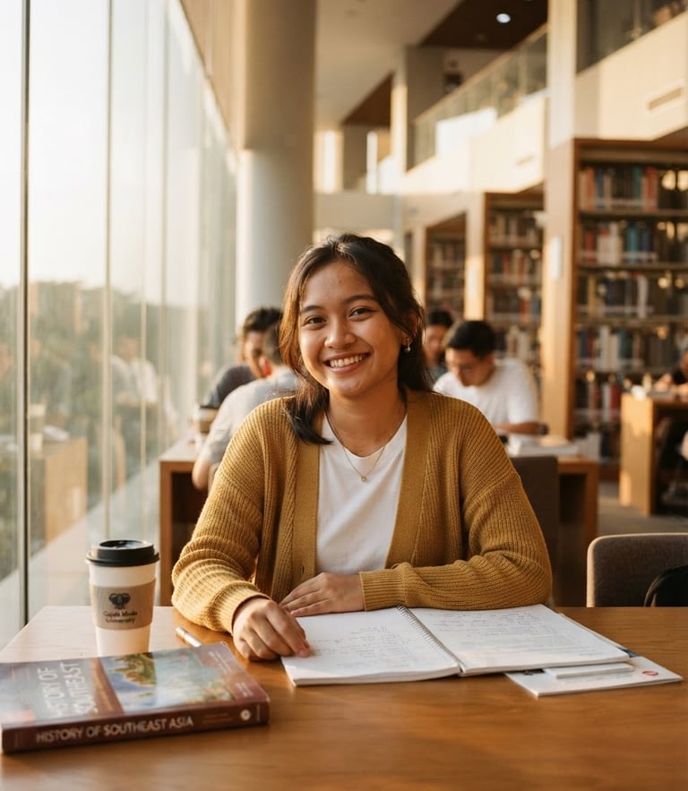 A young Indonesian student smiling warmly in a sunlit modern university library, warm golden hour light, editorial 35mm photography