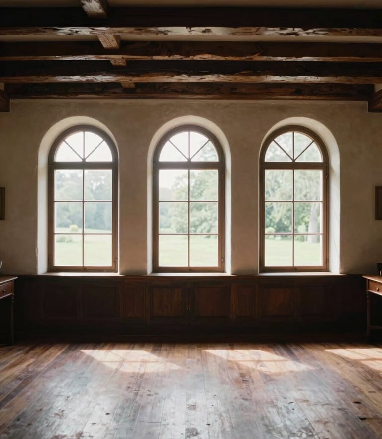 Symmetrical wide-angle shot of a restored historical living room, natural side-light streaming through tall arched windows, highlighting rich timber beams and plaster textures.