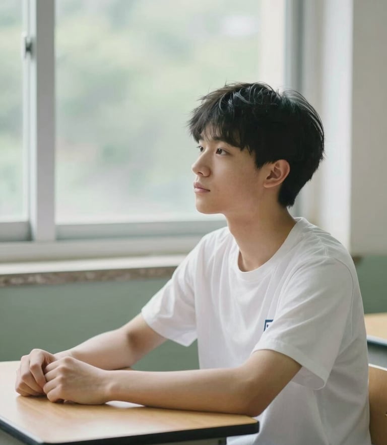 A high school student sitting at a clean wooden desk by a window, looking relaxed and focused, soft natural light, muted sage tones, shallow depth of field, 35mm