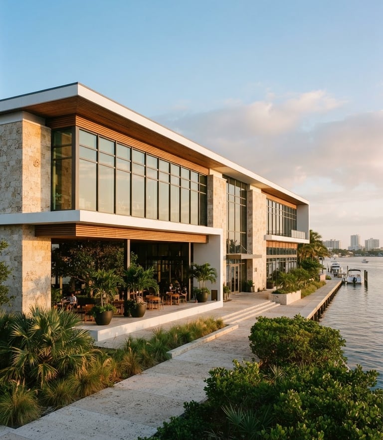 Wide environmental architectural shot of a clean commercial facade in Florida, soft golden hour sunlight, warm gold undertones, 35mm