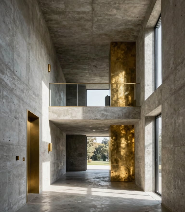 Symmetrical wide-angle photograph of a brutalist luxury villa interior, raw concrete walls meeting warm brass fixtures, dramatic shafts of sunlight, 35mm architectural photography.