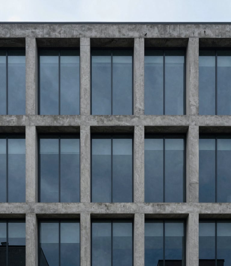Straight-on architectural detail of a modern concrete and glass building facade, soft overcast daylight, cool slate tones, sharp focus.