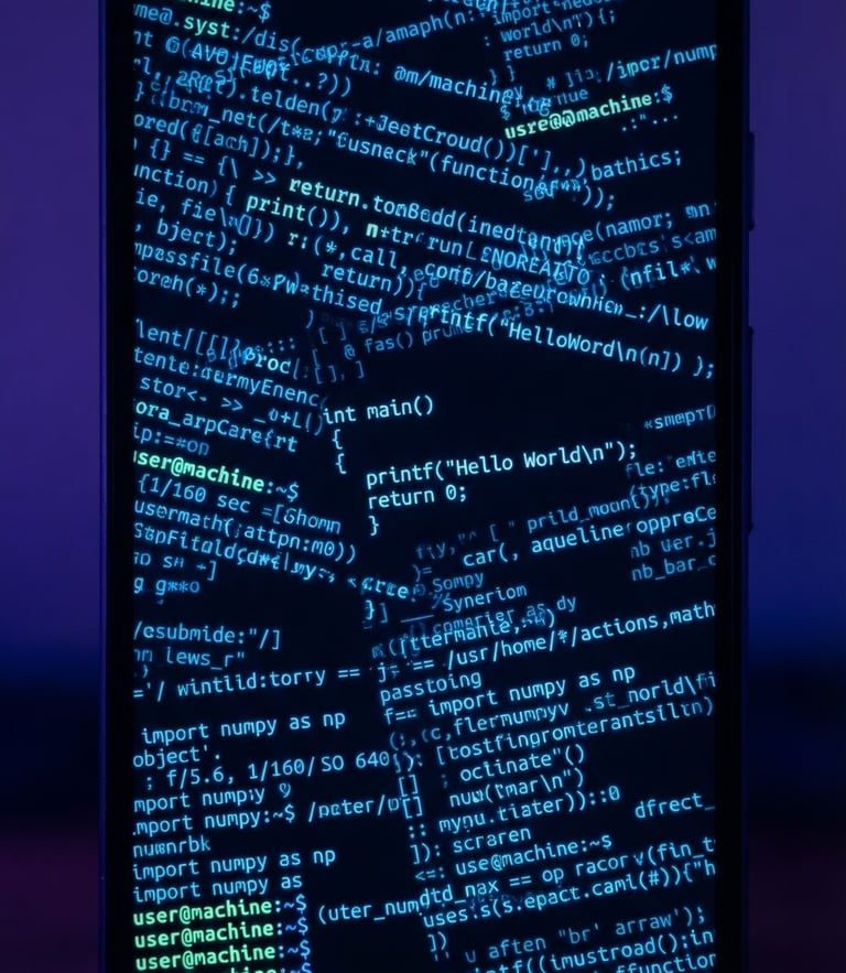 Macro close-up of a clean Android device screen showing a terminal interface with neon blue code lines, dark background, soft violet ambient glow, 35mm lens