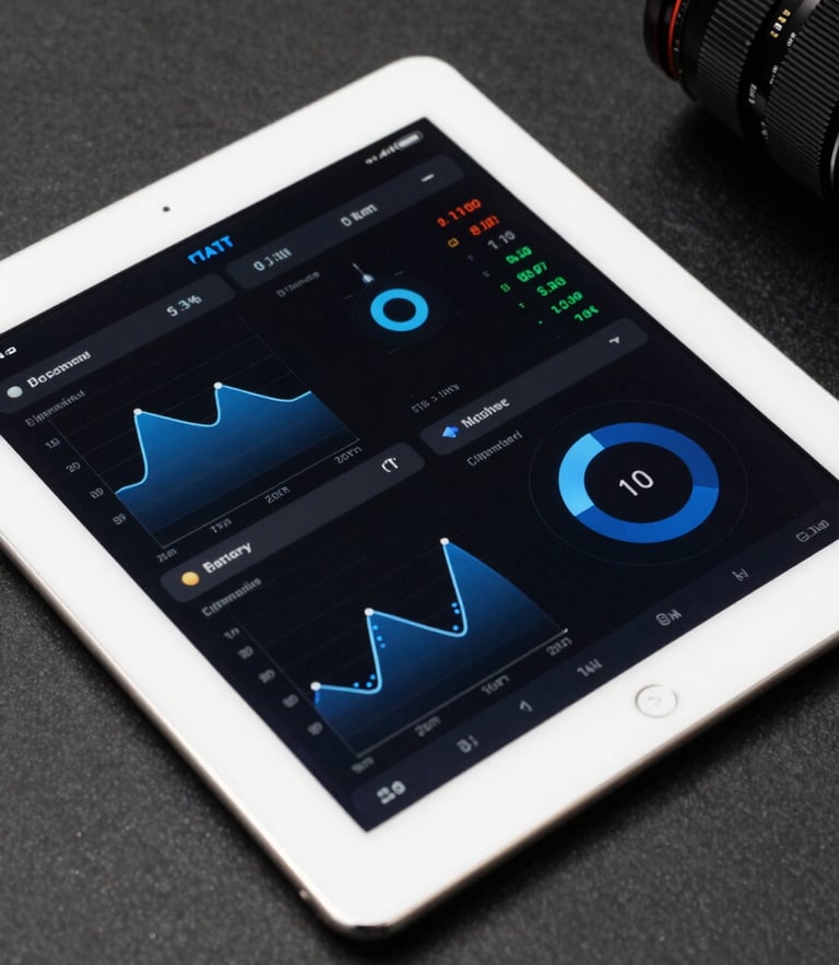 Clinical flat-lay UI mockup of a battery diagnostic dashboard on a clean white tablet, displaying electrochemical telemetry charts, health scores, and technical blue accents.