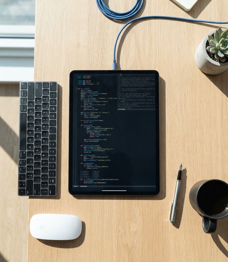 Straight-on flat-lay of a modern digital workspace, clean tablet displaying code, sharp shadows, electric blue accents, high-key natural daylight