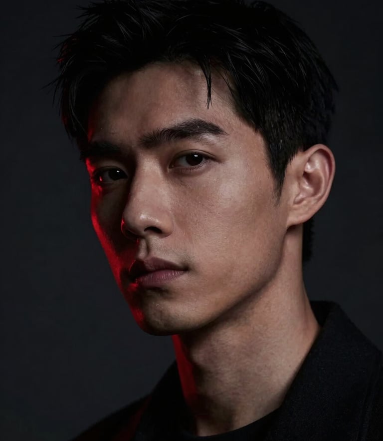 Sleek close-up portrait of a subject under low-key dramatic spotlighting, deep charcoal background, sharp red gel accent on the side, cinematic 85mm