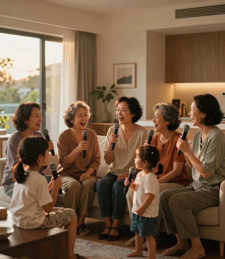 A multi-generational Chinese-Australian family singing together in a modern open-plan Australian living room, warm golden-hour light, holding wireless microphones, laughing, 35mm photography