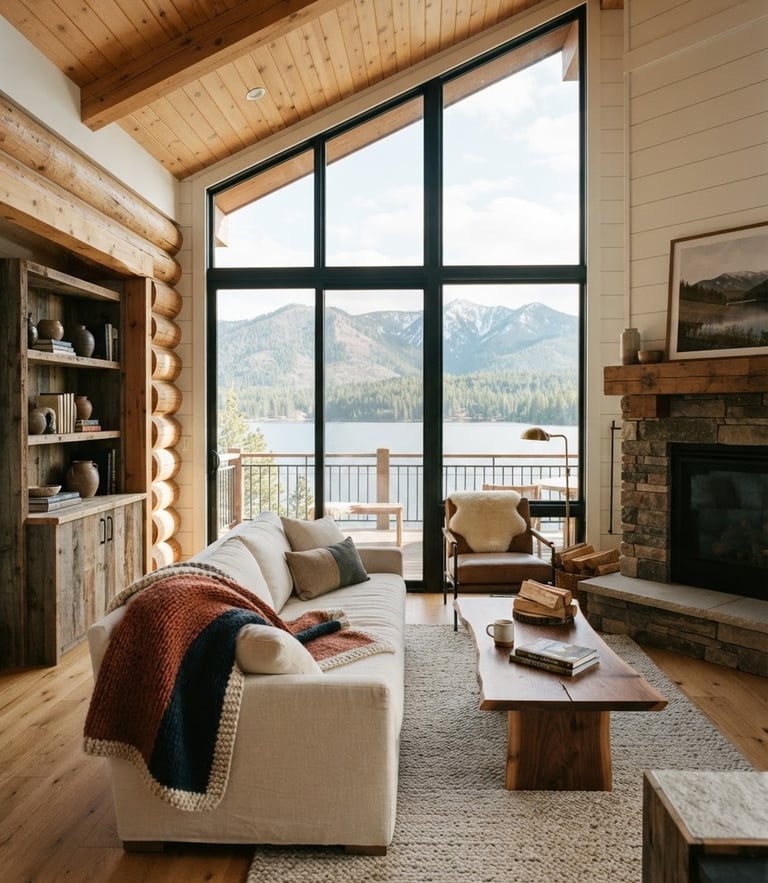 Sunlit mountain-modern cabin interior with large windows overlooking a serene Idaho lake, bright editorial photography, warm natural daylight, 35mm lens