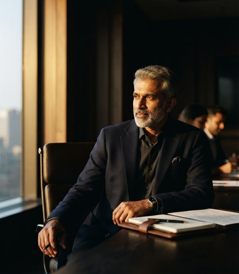 Low-key editorial portrait of Sharath Kumar in a dark architectural boardroom, dramatic golden-hour side-lighting, 35mm lens