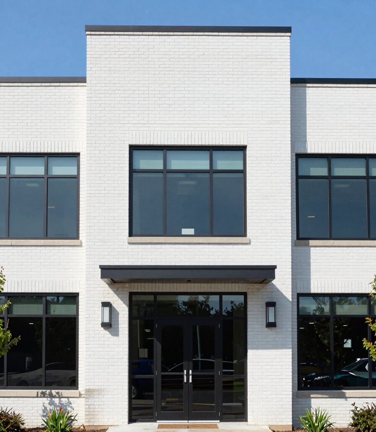 Straight-on architectural shot of a modern brick commercial building in Delaware, bright natural daylight, crisp focus, 35mm lens.