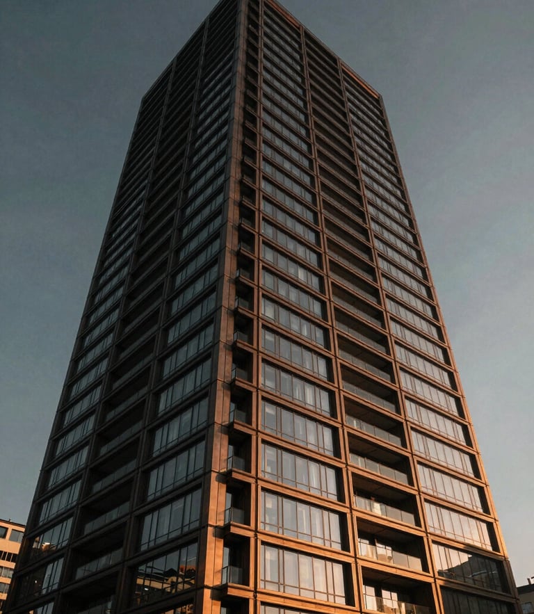 Low-angle architectural power shot of a modern luxury residential tower facade in Istanbul, dramatic twilight lighting, bronze and glass details, cinematic.