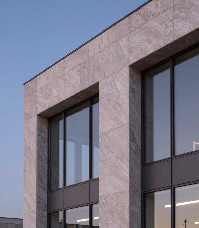Architectural detail of travertine marble and structural glass facade on Avenida Atlântica at twilight, soft blue hour lighting, clean geometric lines.