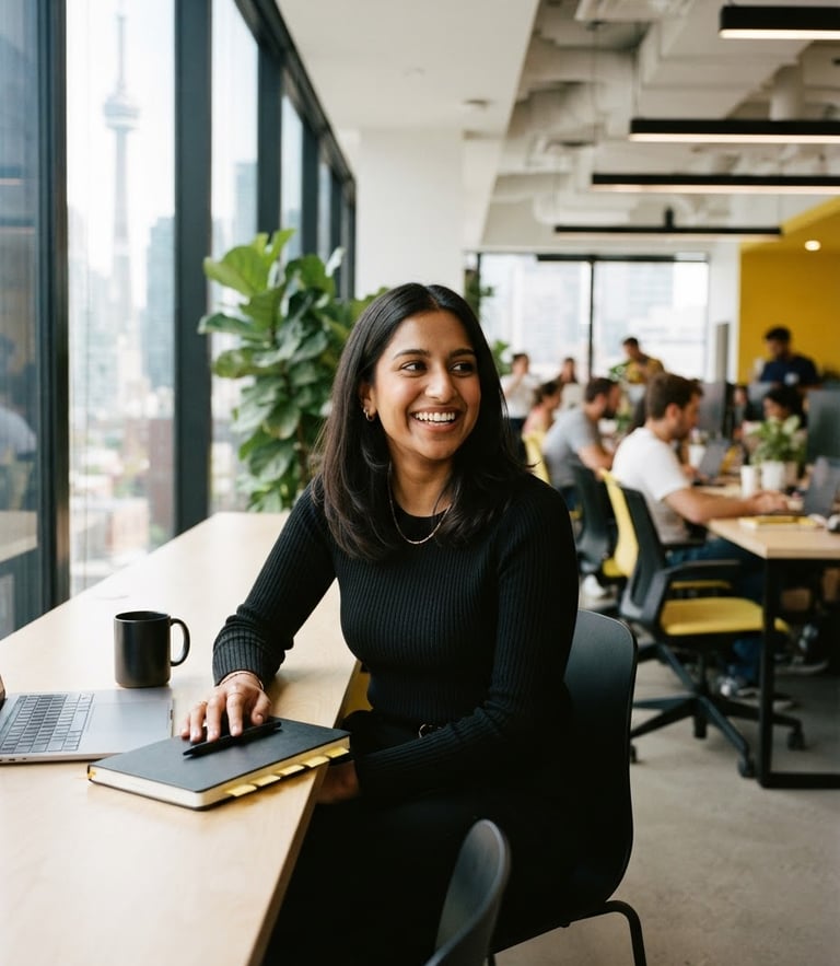 Candid environmental portrait of a young professional smiling in a bright, daylight-filled modern office in Toronto, clean 35mm