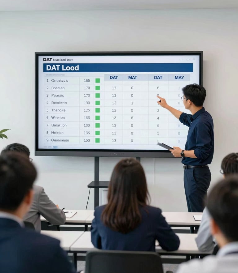 Bright professional photography of a modern logistics training classroom, student analyzing DAT load board on a large monitor, clean office daylight, corporate navy tones, 35mm