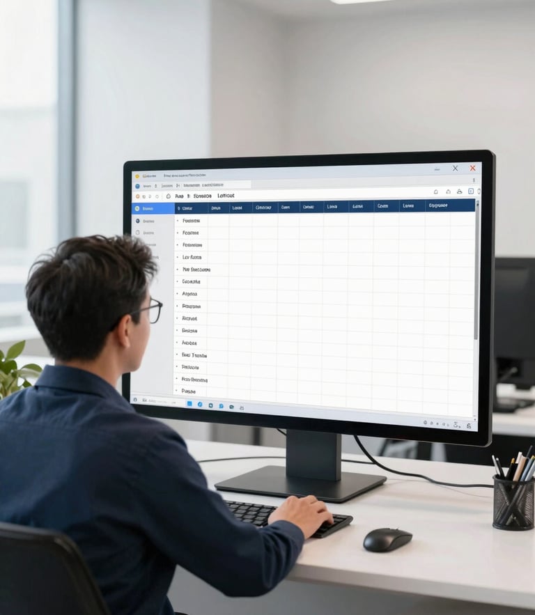 A professional truck dispatcher sitting in a bright office, analyzing real-time load boards on a large monitor, clean daylight, 35mm.