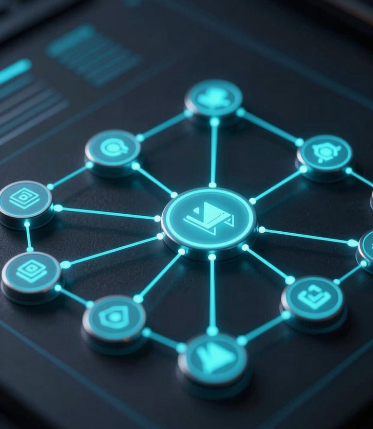 Close-up macro shot of a dark-themed enterprise system architecture diagram, glowing cyan data lines connecting nodes, low-key lighting, highly technical interface.
