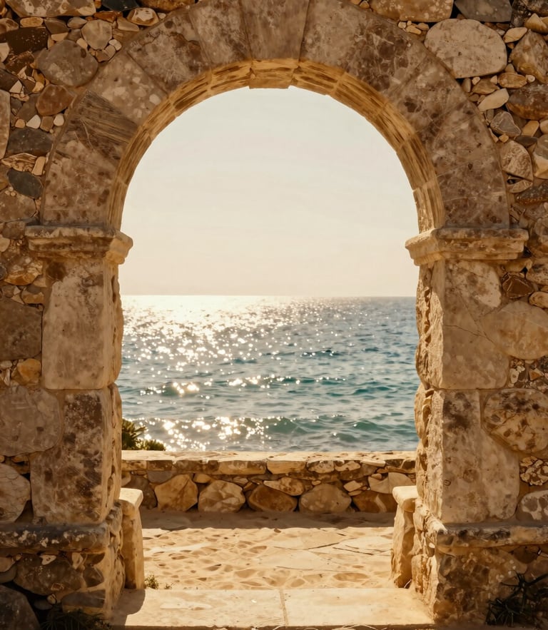 A sun-drenched stone archway overlooking a sparkling Mediterranean coastline, warm golden-hour light, medium format film style.