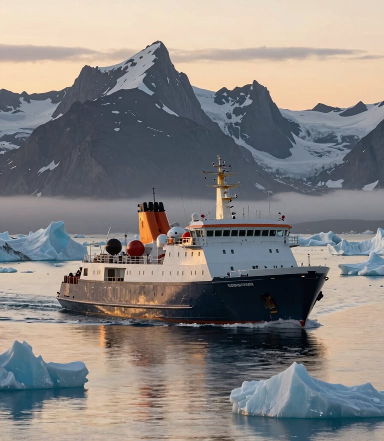 Wide-angle view of a modern dark-hulled expedition ship navigating through calm waters filled with icebergs under a low golden sun, dramatic jagged mountains in the background.