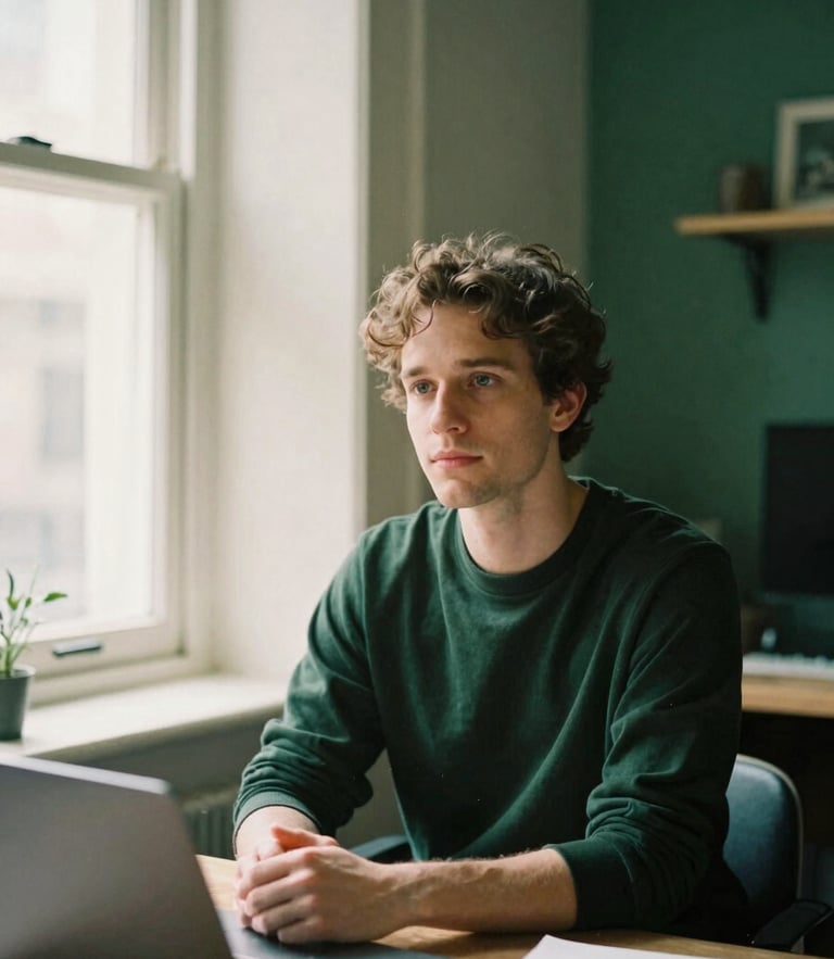 Thoughtful portrait of a creative founder in a quiet, structured workspace, soft directional window light, deep green and cream tones, 35mm film