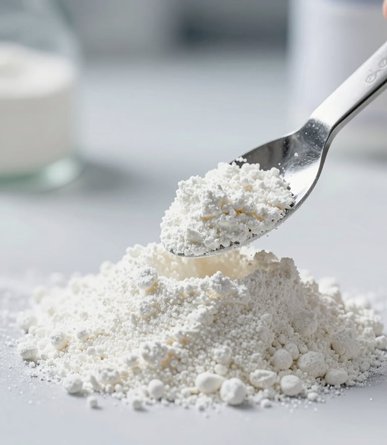 Macro shot of pure white supplement powder being measured with a clinical metal spatula in a bright, sterile laboratory, high-contrast cool lighting.