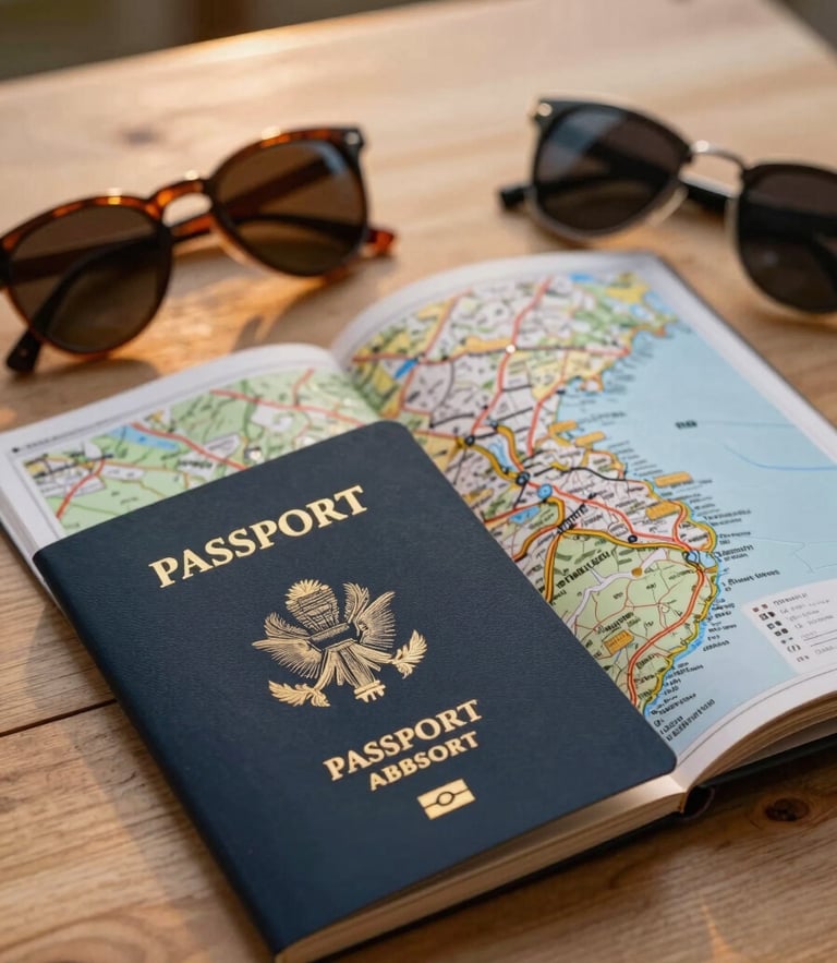 Vista en plano medio de un pasaporte abierto, un mapa físico de carreteras y unas gafas de sol sobre una mesa de madera clara, iluminados por la cálida luz del atardecer.