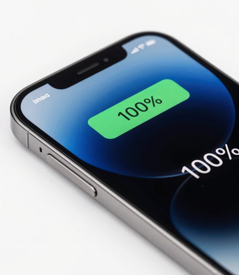 Crisp macro shot of a pristine iPhone screen showing 100% battery health, bright clean studio light, minimalist white background