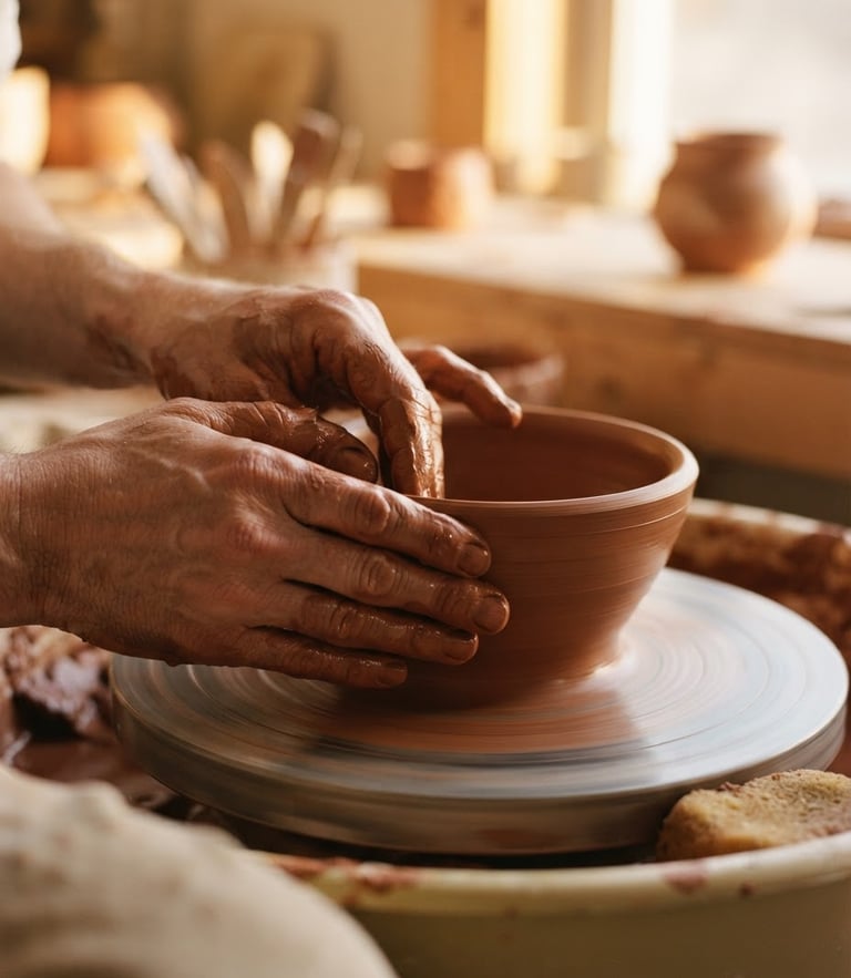 Close-up of potter's hands shaping wet terracotta clay on a spinning wheel, soft golden hour light, shallow depth of field, 35mm