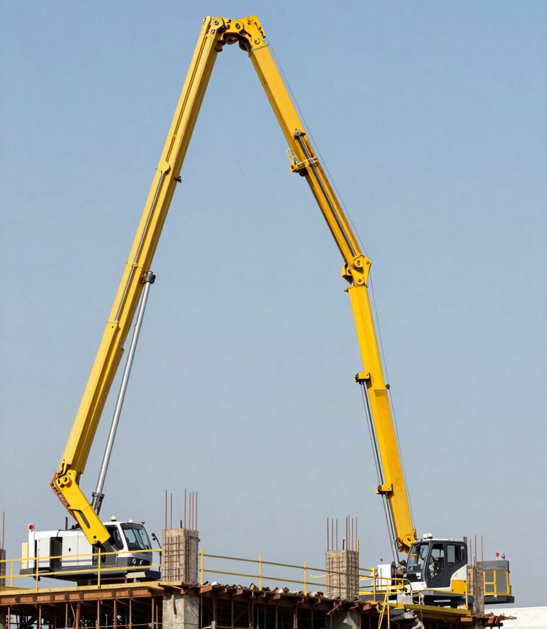 Industrial editorial photography of a yellow concrete pump boom arm extended high against a clear sky, concrete flowing into a building slab, high contrast, 35mm