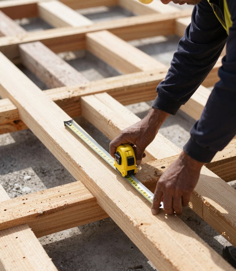 Close-up of a construction worker in safety gear measuring a wooden slab formwork with a steel tape measure, bright morning daylight, high contrast, rich textures of raw wood and steel, 35mm.