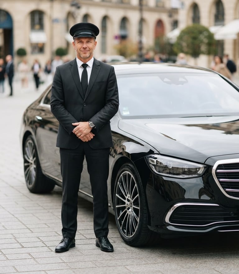 A professional driver in a crisp uniform standing beside a clean premium black sedan under soft daylight, sharp focus, 35mm lens